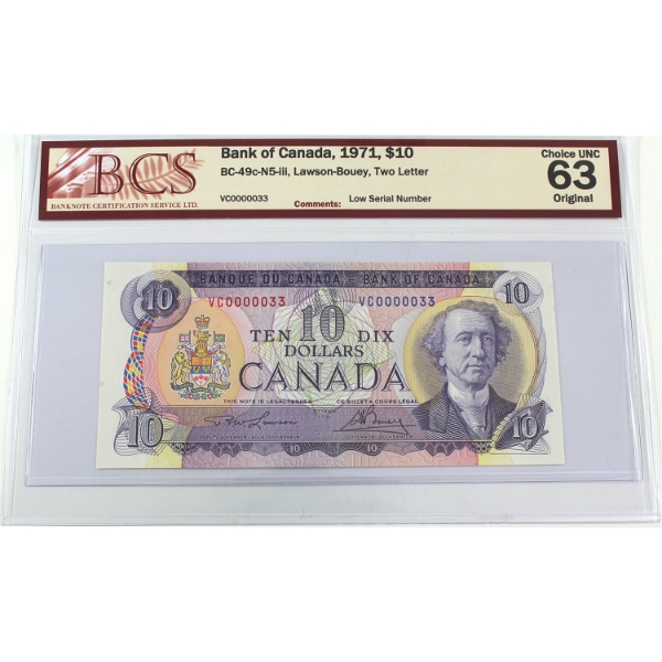 BC-49c-N5-iii 1971 $10 Low Serial # BCS CUNC63 Original SN: VC00000033 Lawson-Bouey Two Letter