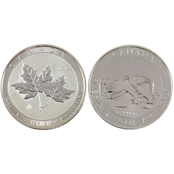 3.5oz Lot Total! 1.5oz 2013 $8 Polar Bear & 2oz 2021 $10 Twin Maple Leaf .9999 Fine Silver Coins. 