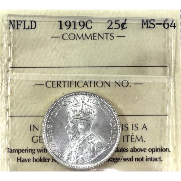 Newfoundland 25-cent 1919C ICCS MS64