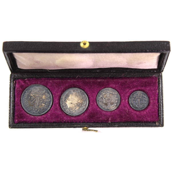 Great Britain Silver 1878 Victoria 4-Piece Sterling Silver Maundy Coin Set in Original Case