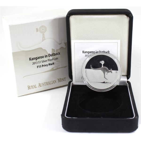 Australia Silver 2013 $1 Kangaroo in Outback w/ F15 Privy Mark Fine Silver Proof Coin (Tax Exempt)