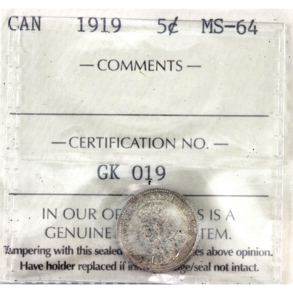 5-cent 1919 ICCS MS64