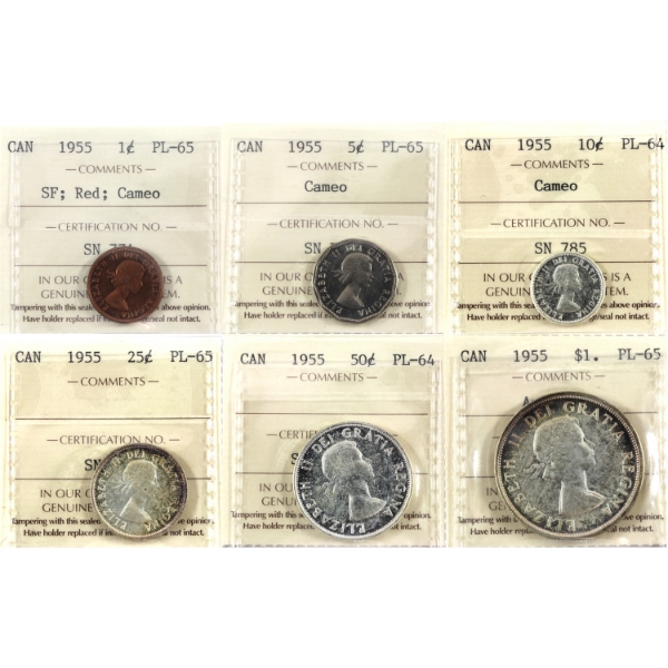 1955 Proof Like Set ICCS PL64 to PL65 in 6-Pocket Sheet. 6pcs.