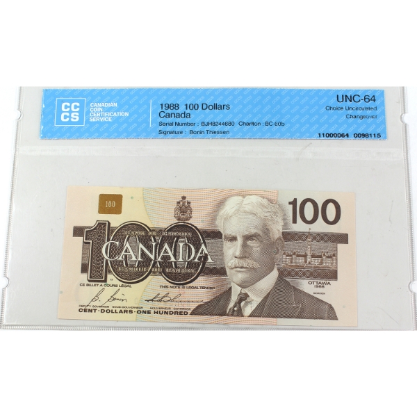 BC-60b 1988 $100 CCCS CUNC64 Bonin-Thiessen Changeover SN: BJH8244680