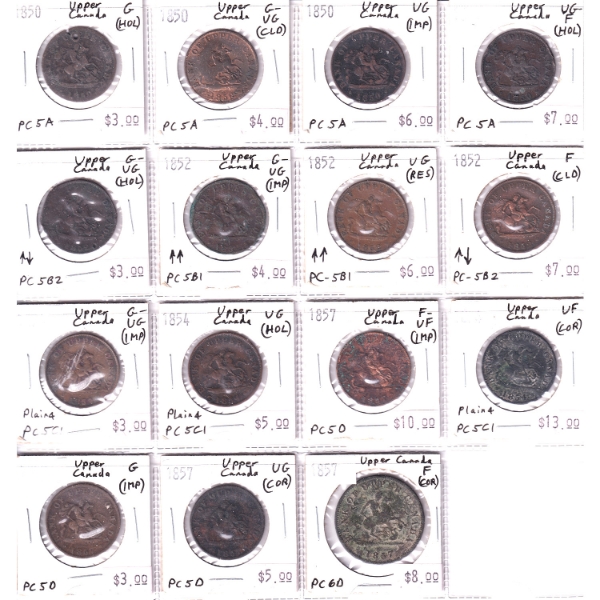 Bulk Lot of 1850-1857 Bank of Upper Canada Half Penny & Penny Tokens G to VF in 16-Pocket Sheet.