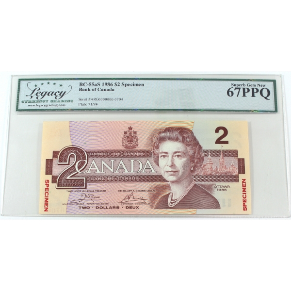 BC-55aS 1986 $2 SPECIMEN Legacy Superb GEM UNC67 PPQ Crow-Bouey SN: ARG0000000 0704