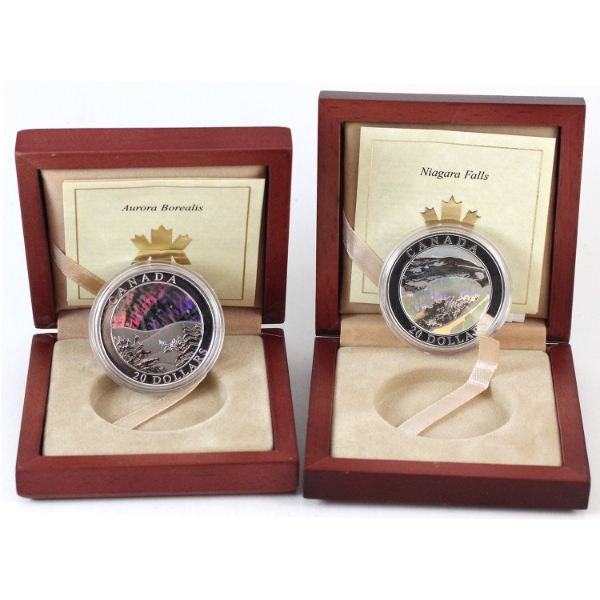 $20 Natural Wonders - 2003 Niagara Falls & 2004 Aurora Borealis Hologram Fine Silver Coins. 2pcs.