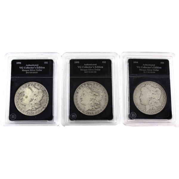 USA 1894, 1895 & 1896 Silver Morgan Dollars in Bradford Authenticated VG Collector's Edition Holders