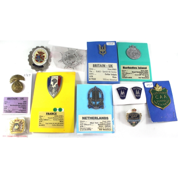 Group Lot of 11x World Military/Police Force Lapel Pins, Cap Badges, & Pins. 12pcs.