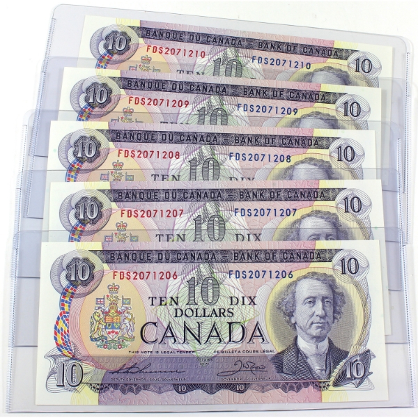 BC-49e 1971 $10 *Consecutive* UNC or Better Thiessen-Crow. 5pcs.