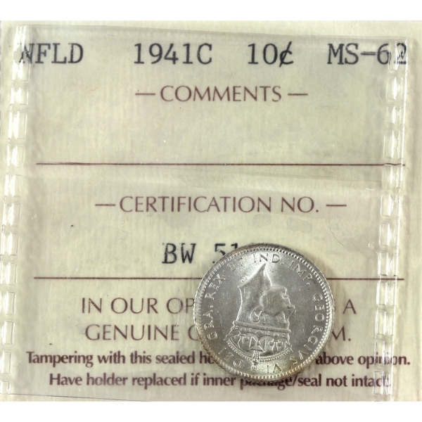 Newfoundland 10-cent 1941C ICCS MS62