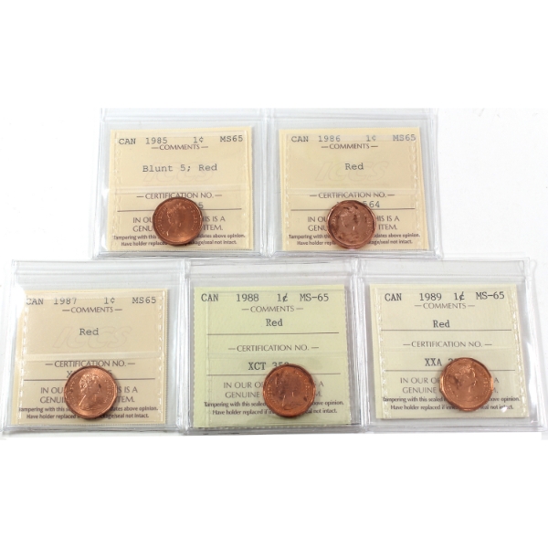 1-cent 1985 Blunt 5, 1986, 1987, 1988, & 1989 ICCS MS65 Red. 5pcs.
