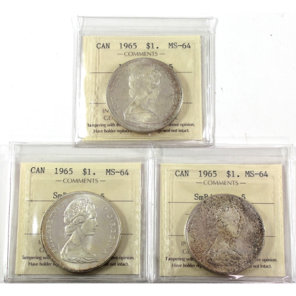 Silver $1 1965;  SB P5 (Type 1), SB B5 (Type 2), & LB B5 (Type 3) ICCS MS64. 3pcs.