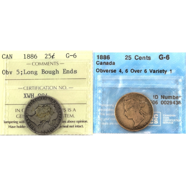 25-cents 1886; Obverse 4 6/6 Variety 1 CCCS & Obverse 5 Long Bough Ends ICCS G6. 2pcs.