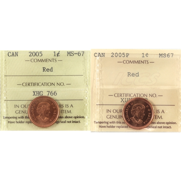 1-cent 2005 & 2005P ICCS MS67 Red. 2pcs.