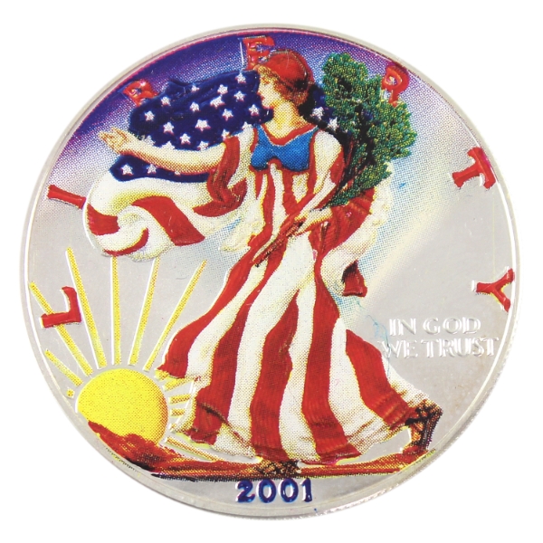 USA Silver 2001 $1 Colourized Silver Eagle .999 Fine Silver Coin (Tax Exempt)