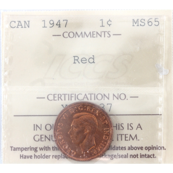 1-cent 1947 ICCS MS65 Red