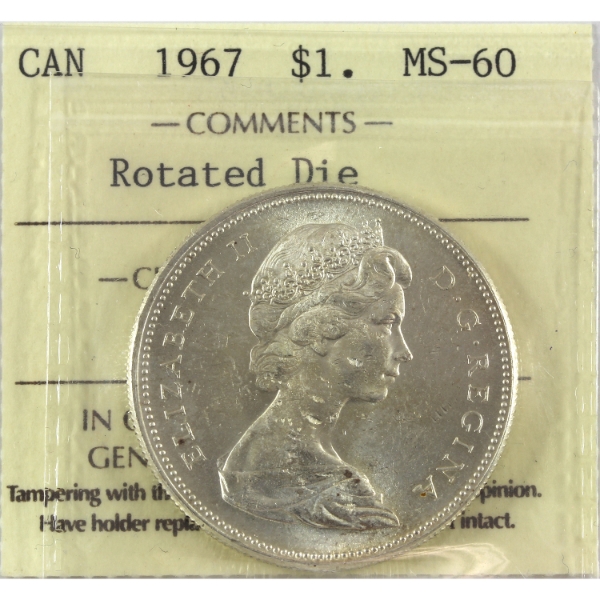 Silver $1 1967 Rotated Die ICCS MS60