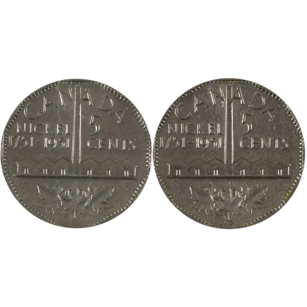 2x 5-cent 1951 Partial Moon & 1/2 Moon Varieties EF. 2pcs.
