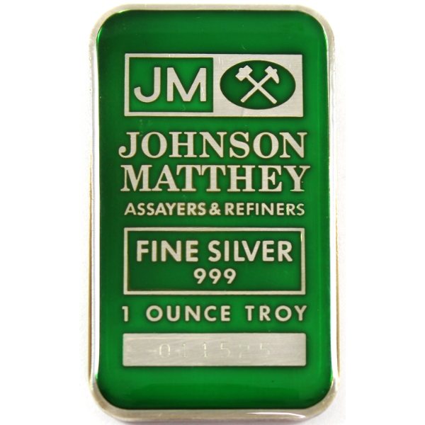 1oz JM Johnson Matthey .999 Fine Silver Green Enameled Bar w/ TD Back (Tax Exempt)