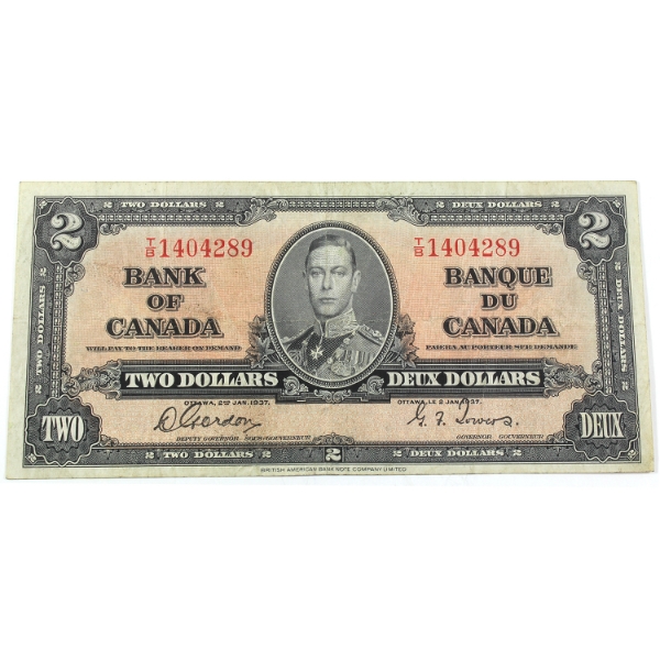 BC-22b 1937 $2 F-VF Gordon-Towers SN: T/B1404289