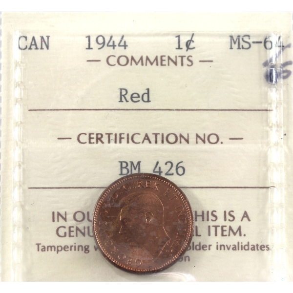 1-cent 1944 ICCS MS64 Red in Vintage Embossed Holder
