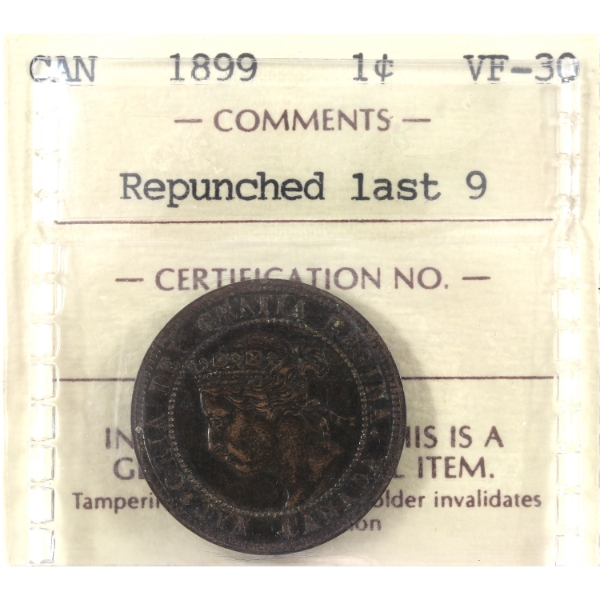 1-cent 1899 Repunched Last 9 ICCS VF30