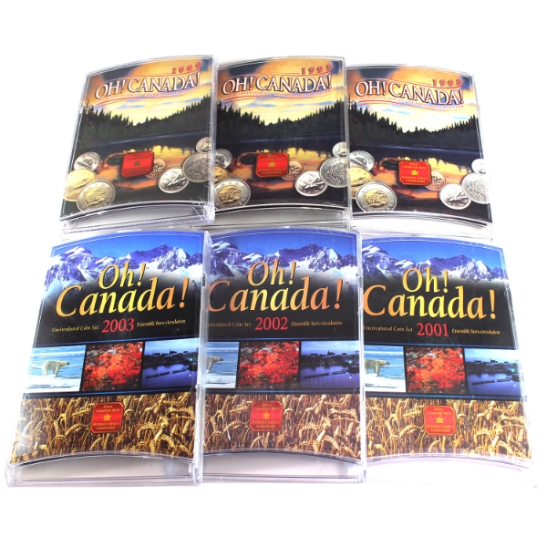 1998, 1999, 2000, 2001, 2002 & 2003 Oh! Canada Uncirculated Coin Sets. 6 sets.