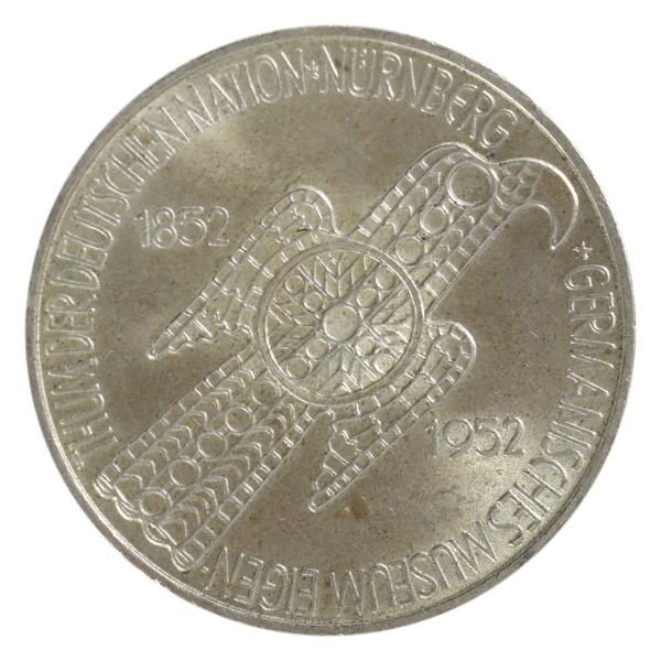 Germany-Federal Republic Silver 1952D 5 Mark Centenary - Nürnberg Museum