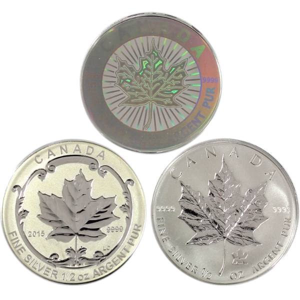 Group Lot of 2003-2015 $4 Maple Leaf 1/2oz .9999 Fine Silver Coins. 3pcs. (Tax Exempt)