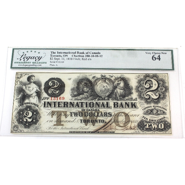 380-10-08-12 1858 $2 International Bank of Canada Legacy CUNC64 Fitch, Red SN Toronto ON SN: 15169 