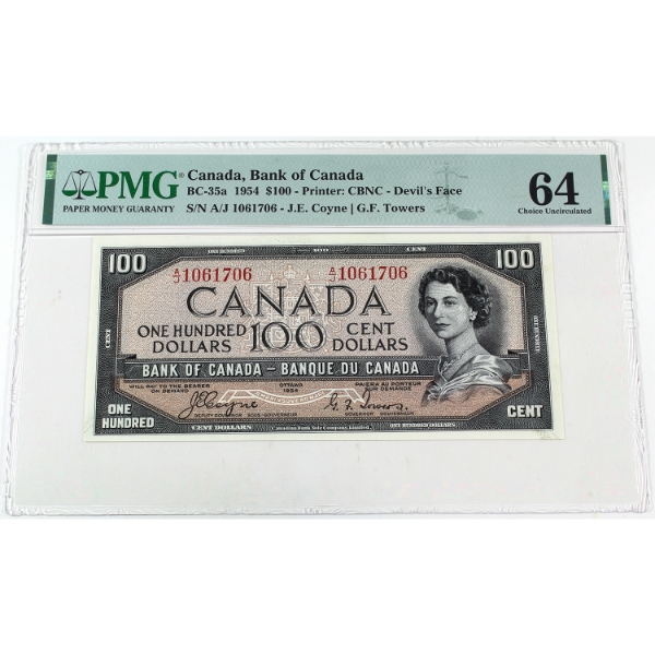 BC-35a 1954 $100 Devil's Face PMG CUNC64 Coyne-Towers SN: A/J1061706