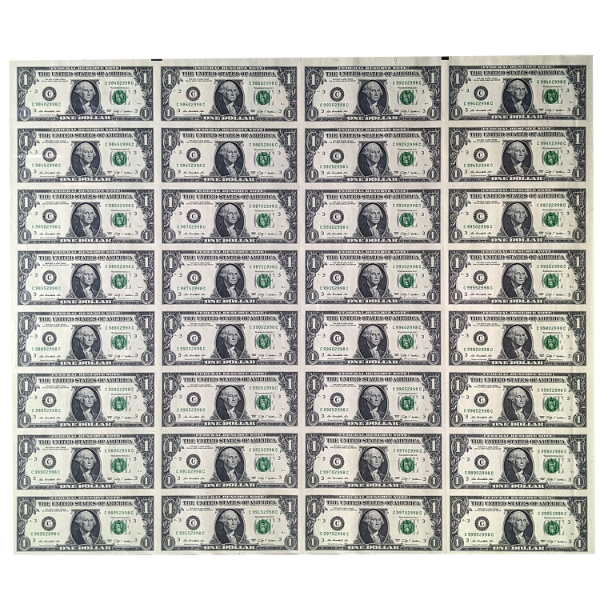 USA Uncut Sheet of 2009 $1 Banknotes 4x8 Format