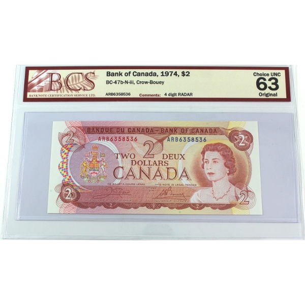 RADAR BC-47b-N-iii 1974 $2 4-digit RADAR BCS CUNC63 Original Crow-Bouey SN: ARB6358536