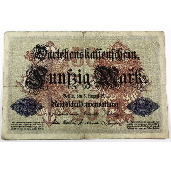 Germany 1914 Pick-#49a 50 Mark F 6 Digit Serial SN:G·Nr893342