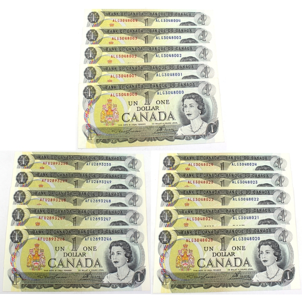 BC-46a-i 1973 $1 Consecutive Lawson-Bouey Bulk Collection of Banknotes. 15pcs.