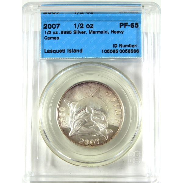 1/2oz Lasqueti Mint 2007 $50 Mermaid CCCS PF65 Heavy Cameo .9995 Fine Silver Round (Tax Exempt)