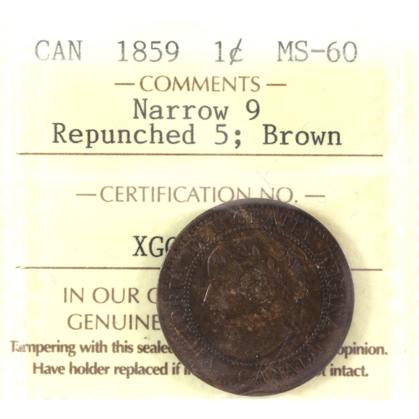 1-cent 1859 Narrow 9; Repunched 5 ICCS MS60 Brown