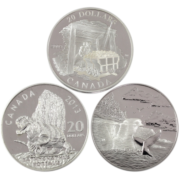 Group Lot of 2005-2013 $20 1oz .9999 Fine Silver Coins. 3pcs. (Tax Exempt)
