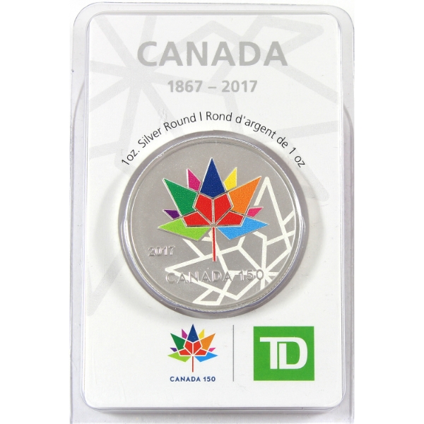 1oz TD 2017 Canada 150 .999 Fine Silver Coloured Round in Hard Plastic Certificate