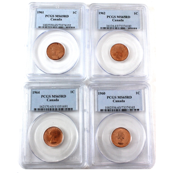 1-cent 1960, 1961, 1962, 1964 PCGS MS65 Red. 4pcs. 