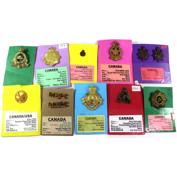 Group Lot of 10x Canada Military/Fire Lapel Pins, Cap Badges, & Pins. 10pcs.