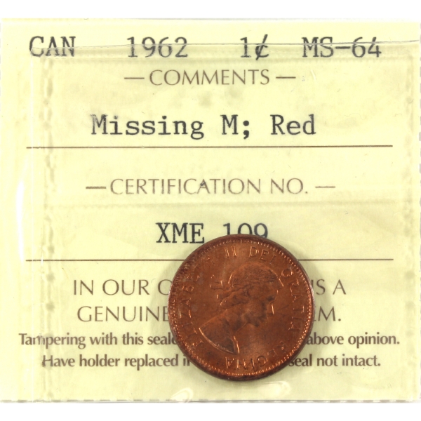 1-cent 1962 Missing M ICCS MS64 Red