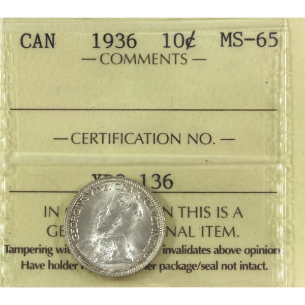 10-cent 1936 ICCS MS65
