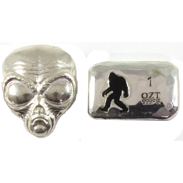 3oz Lot Total! 1oz RCCS Bigfoot Bar & 2oz MPM Alien Head Round .999 Fine Silver. 2pcs. (Tax Exempt)