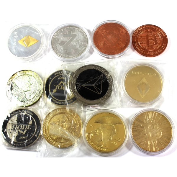 12x Bulk Lot of Cryptocurrency Themed Copper, Brass, & White Metal Tokens & Medallions. 12pcs.