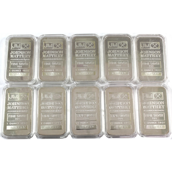 10x 1oz Johnson Matthey c.1982 .999 Silver Bars *Consecutive!* 10pcs. (Tax Exempt)