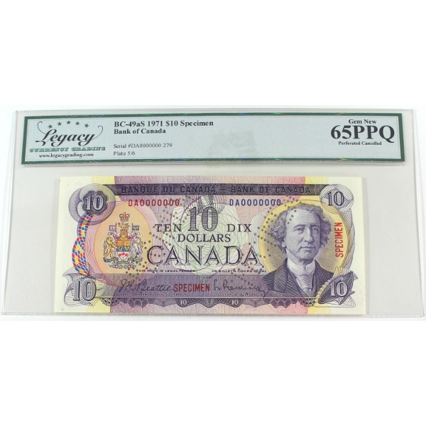 BC-49aS 1971 $10 SPECIMEN Legacy GEM UNC65 PPQ Beattie-Rasminsky SN: DA0000000 279