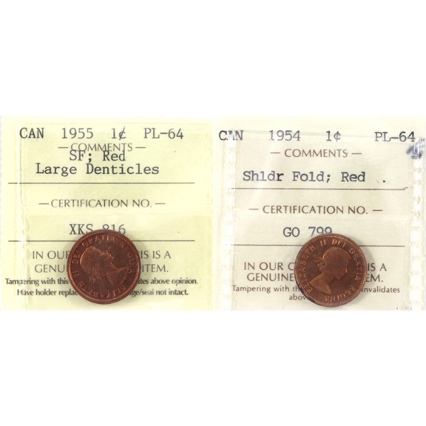 1-cent 1954 & 1955 ICCS PL64. 2pcs.