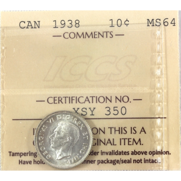 10-cent 1938 ICCS MS64
